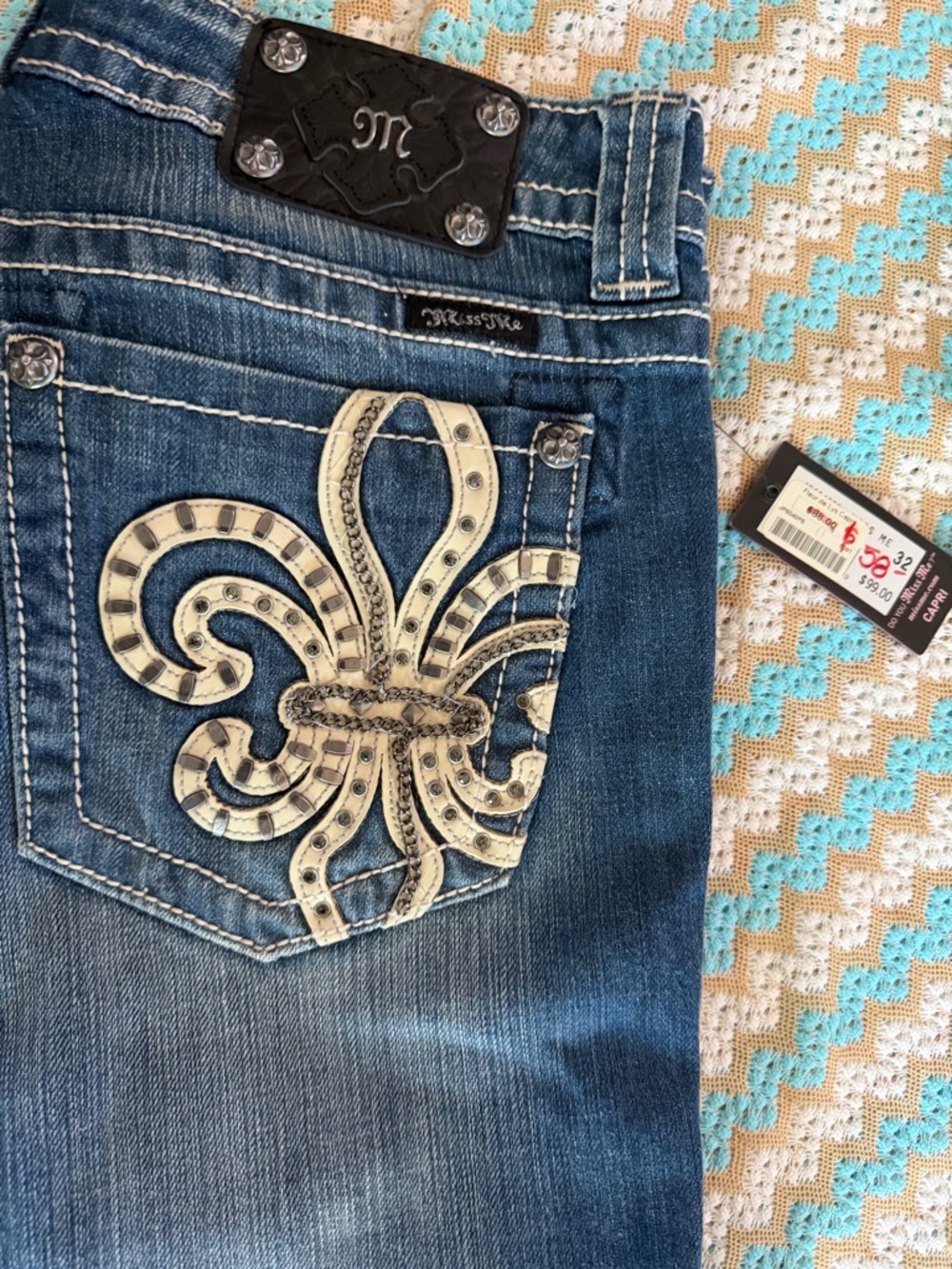 Miss Me Blue Denim Jeans with Cream Embellished Fleur Pocket